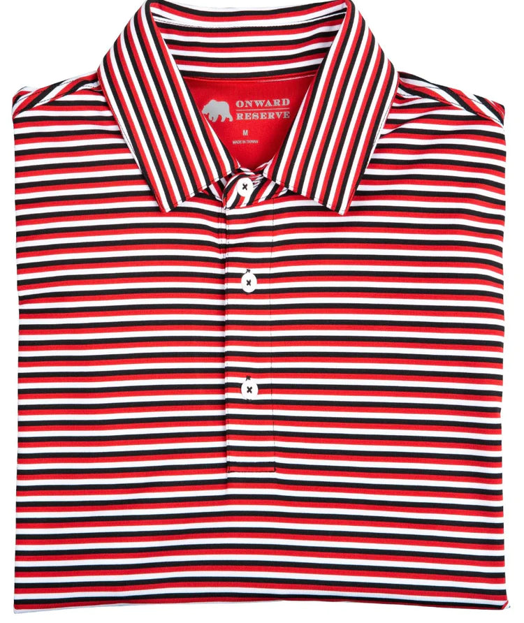 Onward Reserve Triple Stripe Performance Polo- Red/Black/White