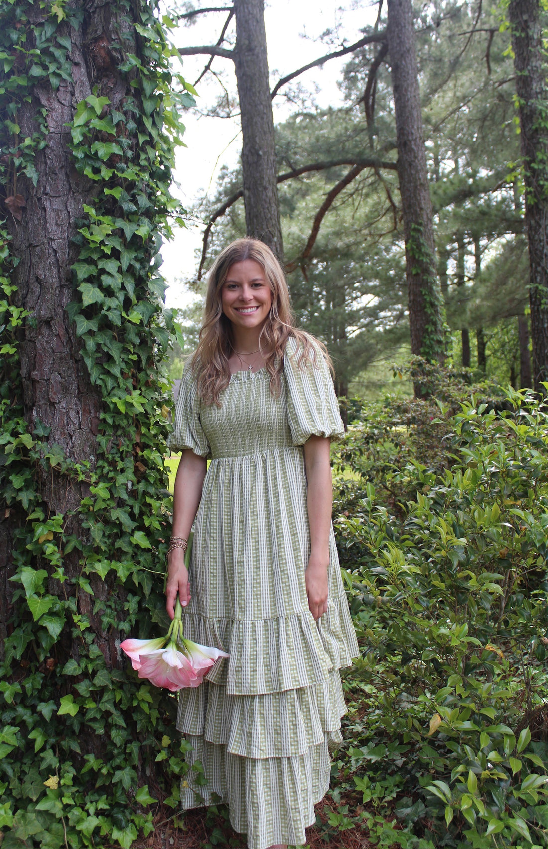 Gingham Striped Multi Tiered Maxi Dress