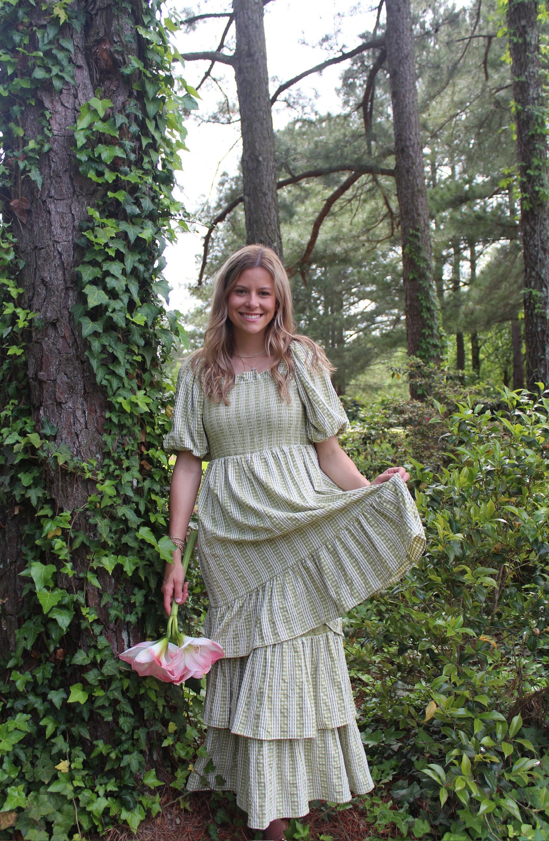 Gingham Striped Multi Tiered Maxi Dress