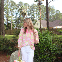 Jodifl Hot Pink and Lime Green Floral Three Quarter Top
