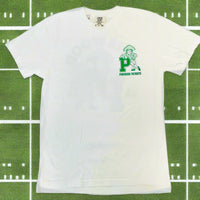White t-shirt with green logo on a white background