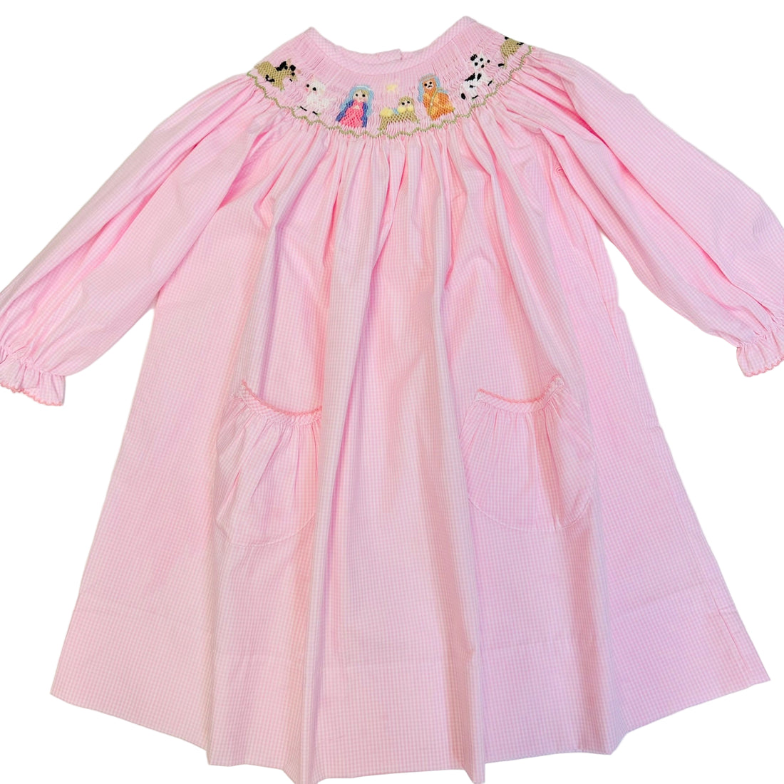 Delaney Long Sleeve Pink Gingham Smocked Nativity Bishop Dress