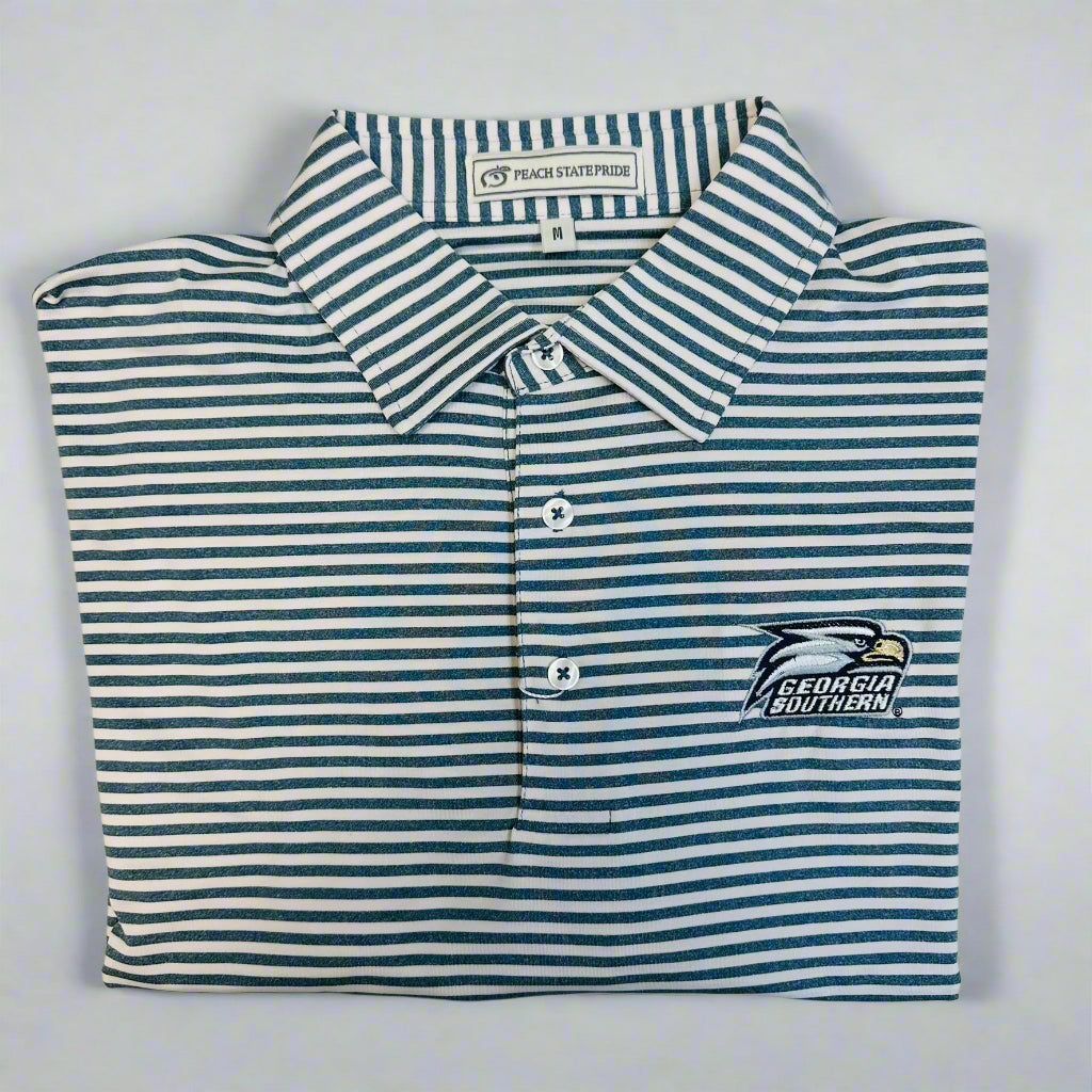Folded blue and white striped polo shirt with Georgia Southern logo on a white background