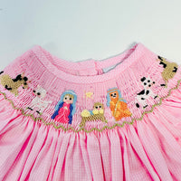 Delaney Long Sleeve Pink Gingham Smocked Nativity Bishop Dress
