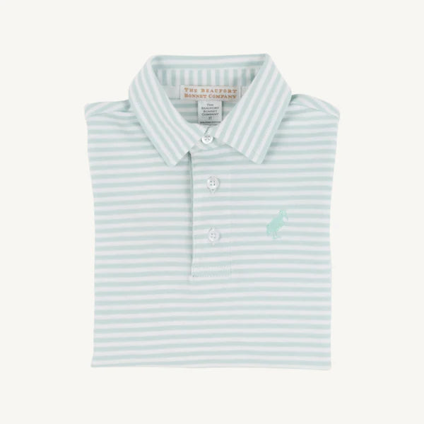 Beaufort Bonnet Long Sleeve Prim and Proper Polo - Old Greenwich Green Stripe with Old Greenwich Green Stork