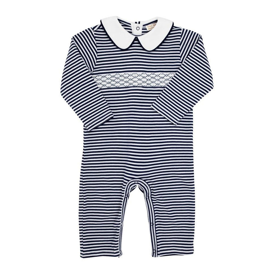 Beaufort Bonnet Samuel Smocked Romper- Nantucket Navy Stripe With Worth Avenue White Collar