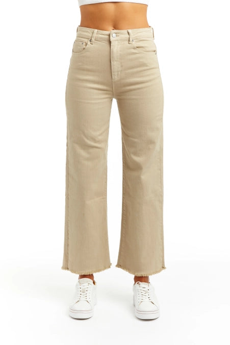 Tractr Alice High Rise Wide Leg Ankle Crop Jeans - Beige