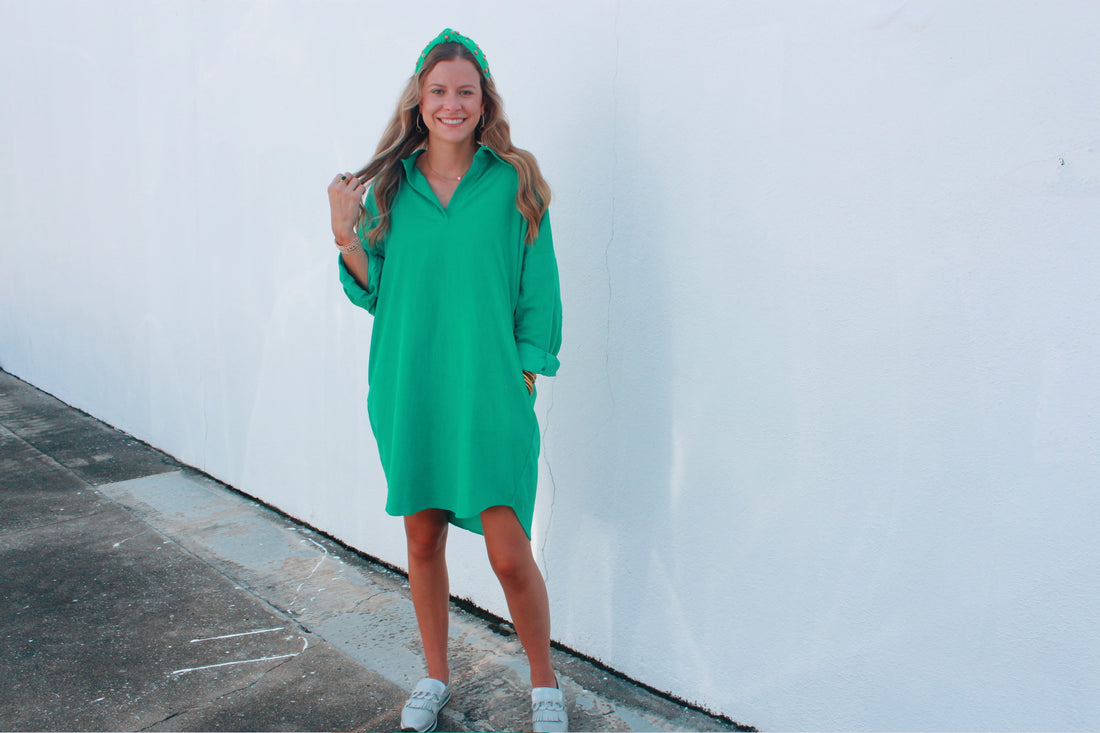 Caryn Lawn Preppy Dress Corduroy Green With Blue Star