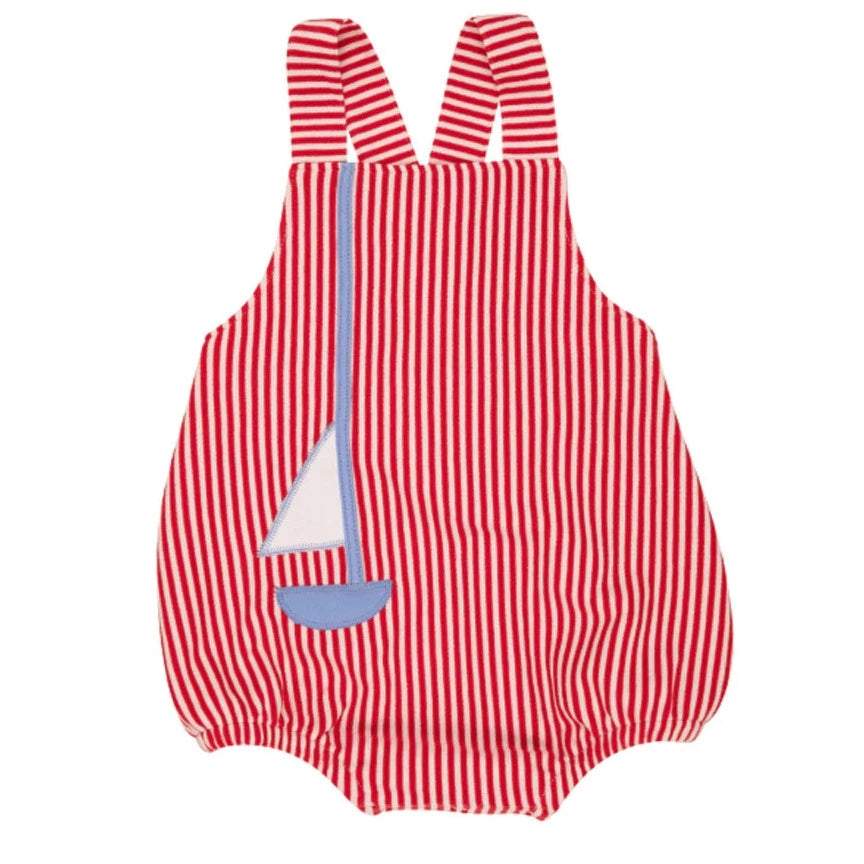 Beaufort Bonnet Stillman Sunsuit- Richmond Red Stripe With Sailboat Applique