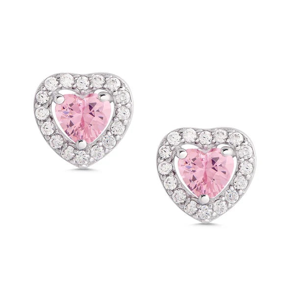 Lily Nily Pink & White Heart Halo Sterling Silver Stud Earrings