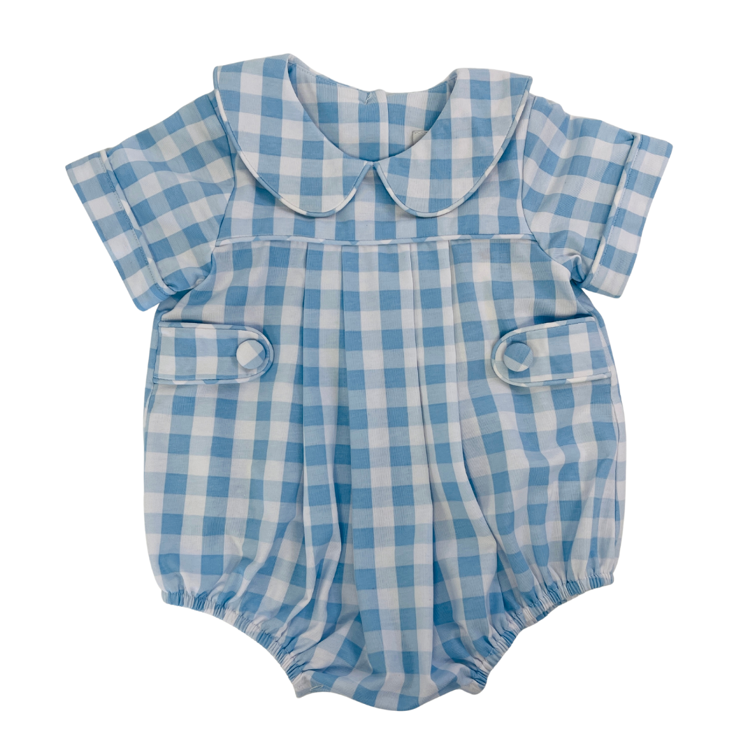 Delaney Blue and White Piped Tab Short Romper