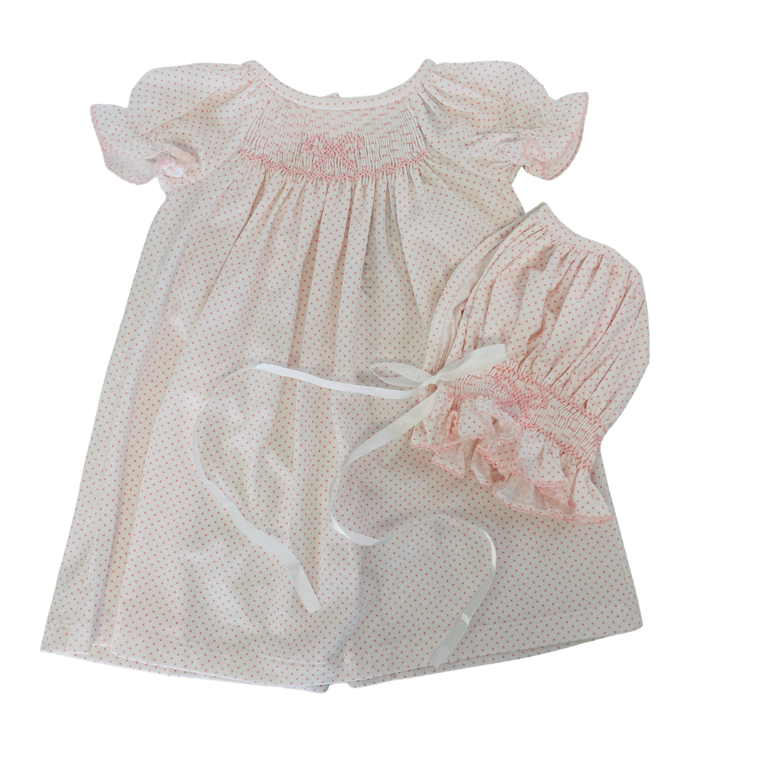 Delaney White and Pink Dot Smocked Pink Bow Daygown & Bonnet