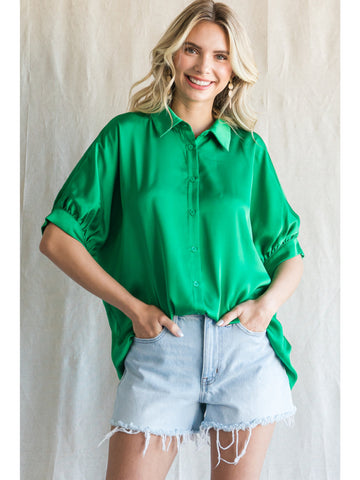 Jodifl Tis The Season Kelly Green Satin Top