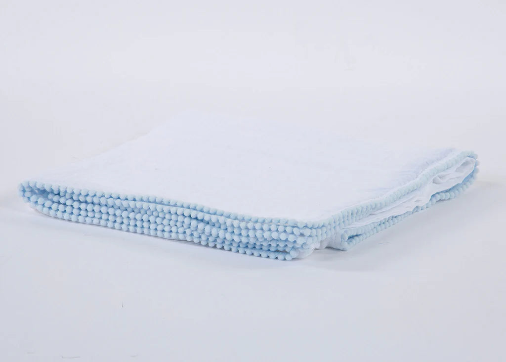 Swaddle Baby Blanket with PomPom Edge - White with Light Blue
