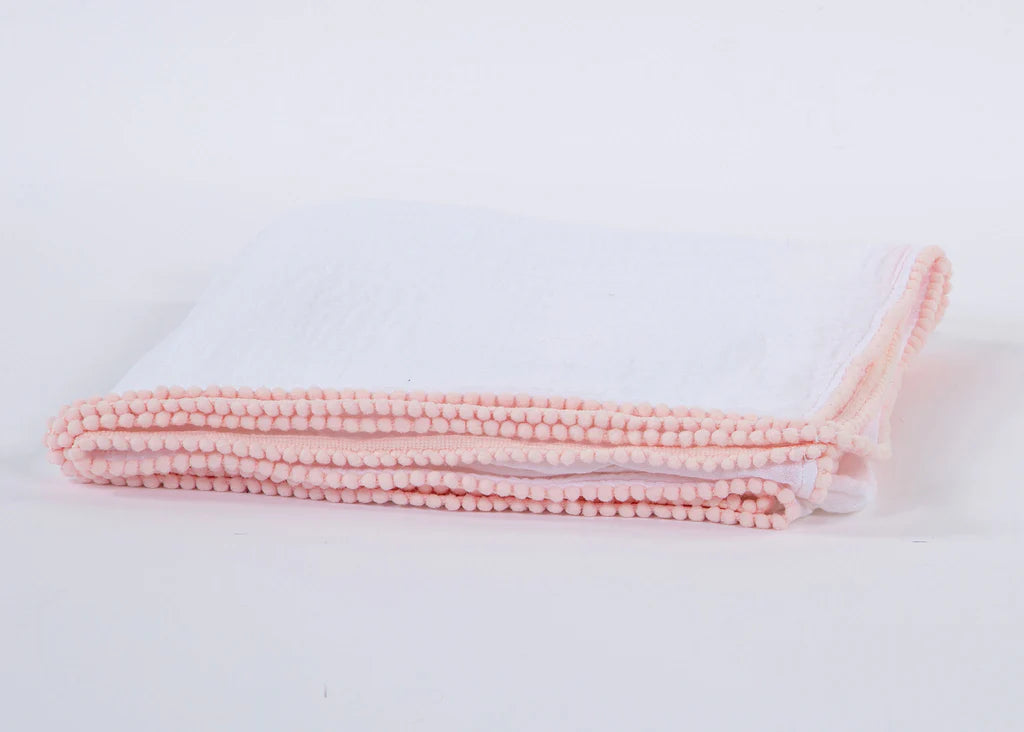 Swaddle Baby Blanket with PomPom Edge - White with Light Pink
