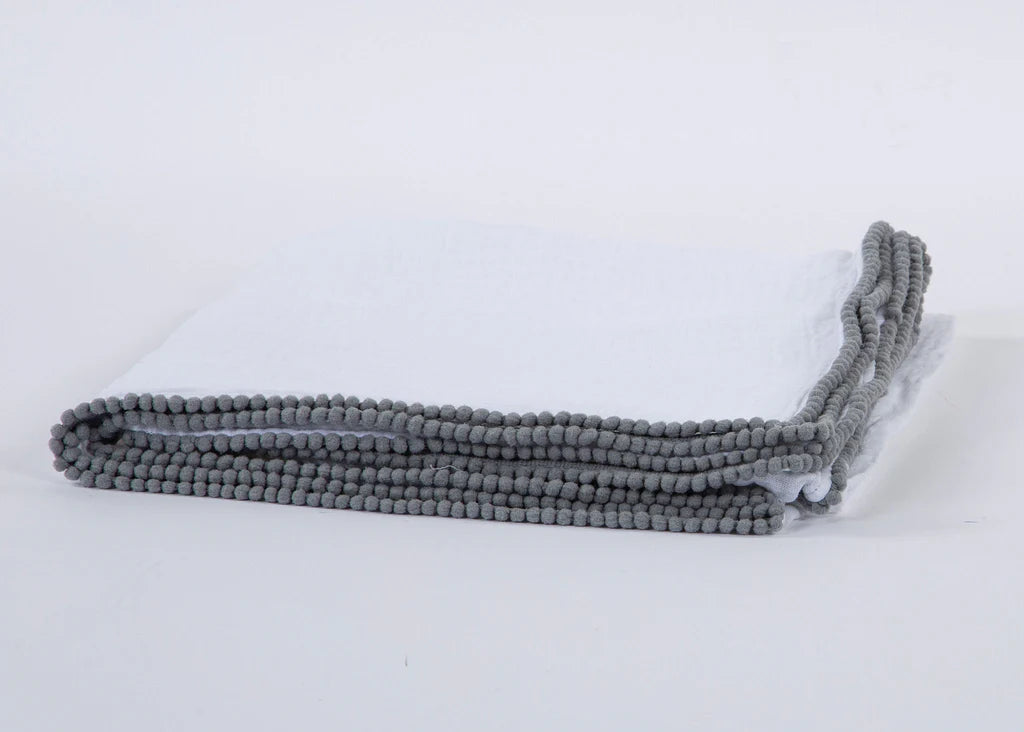 Swaddle Baby Blanket with PomPom Edge - White with Grey