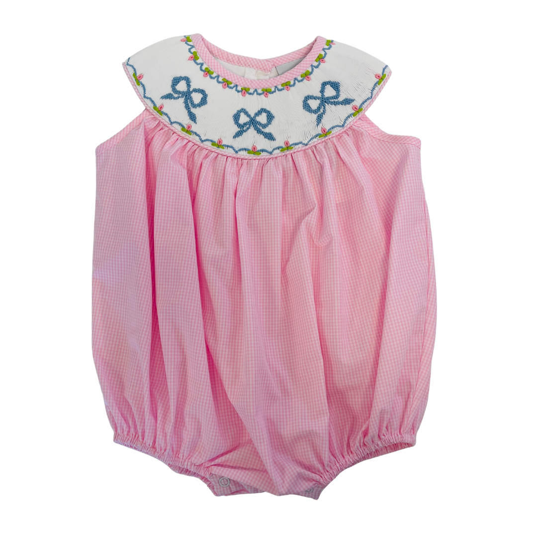 Delaney Pink Check Sleeveless Yoke Smocked Bow Bloomer Set