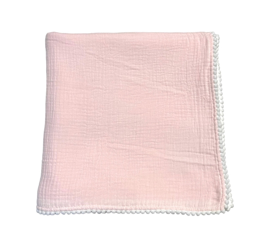 Swaddle Baby Blanket with PomPom Edge - Pink