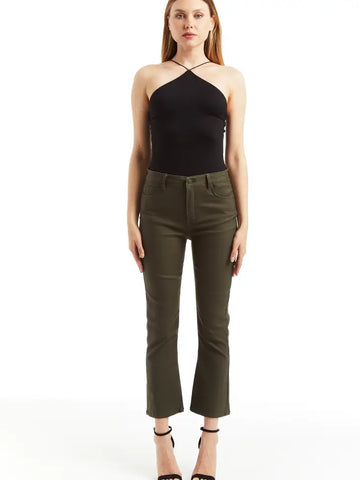 Tractr Jeans High Rise Coated Ankle Crop Flare- Chocolate
