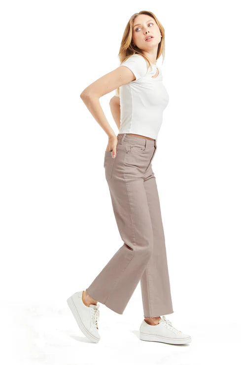 Tractr Alice High Rise Wide Leg Ankle Crop Jeans - Taupe