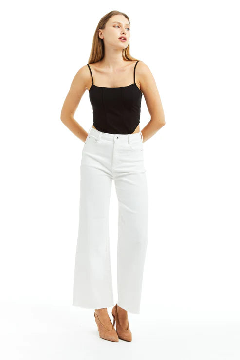 Tractr Alice High Rise Wide Leg Ankle Crop Jeans - White