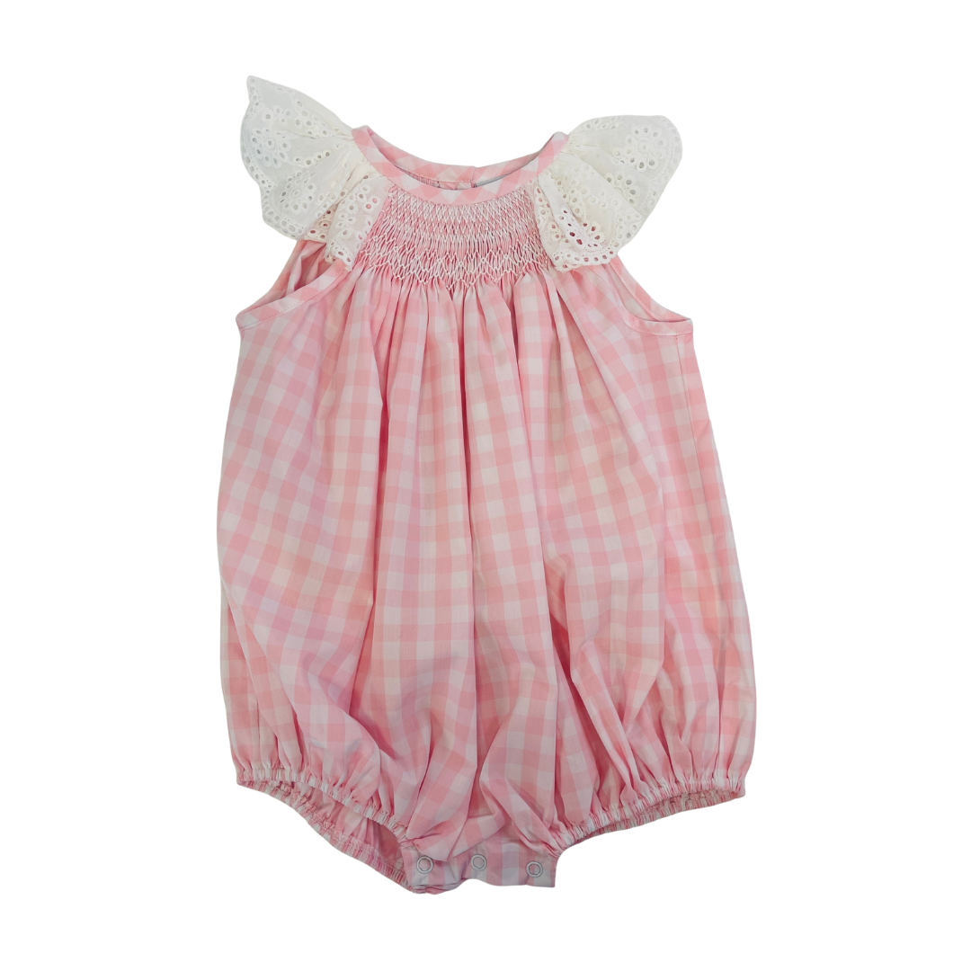Delaney Pink Gingham White Eyelet Smocked Sleeve Aw Bishop Bubble