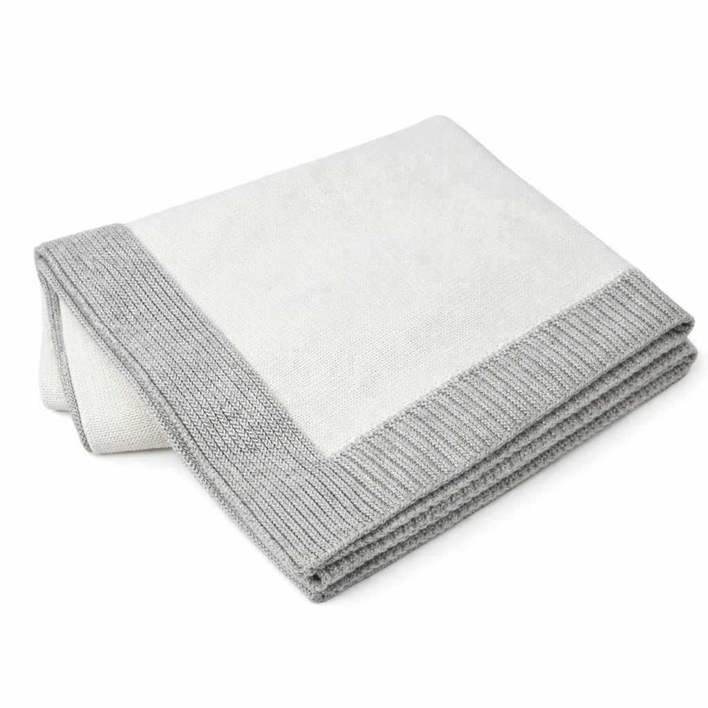 Jersey Knit Blanket with Contrast Rib Border - Cream with Heather Grey
