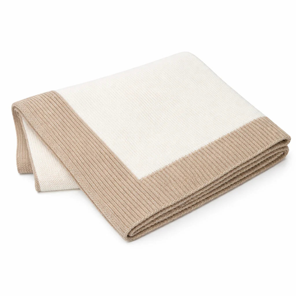 Jersey Knit Blanket with Contrast Rib Border - Cream with Oatmeal