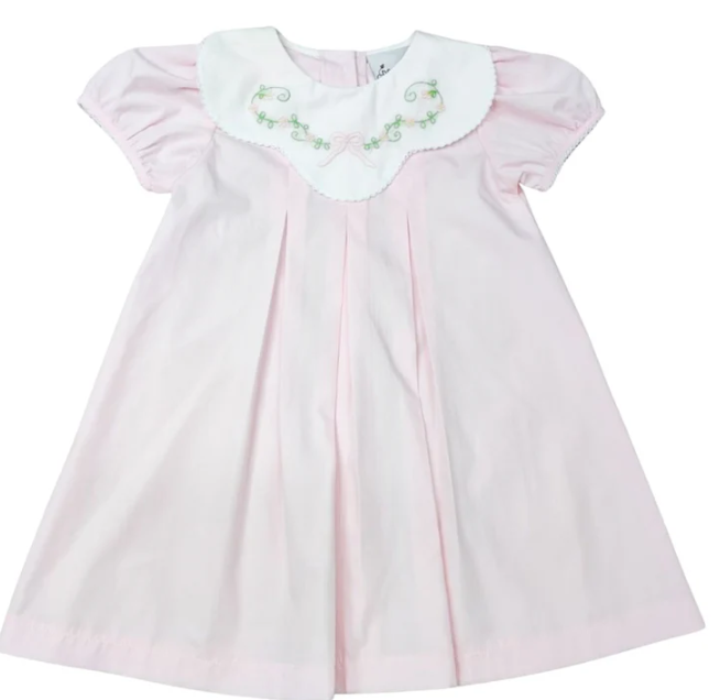 Delaney Pink Bow Embroidered Collar Pleated Dress