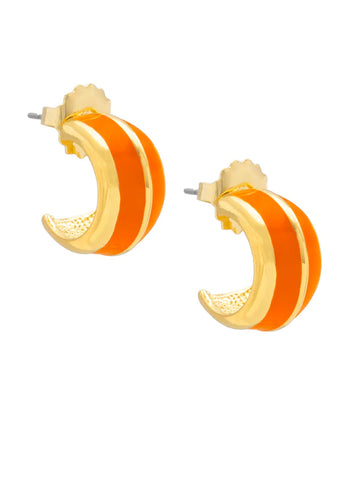 Enamel Huggie Earring with Gold Stripe - Orange