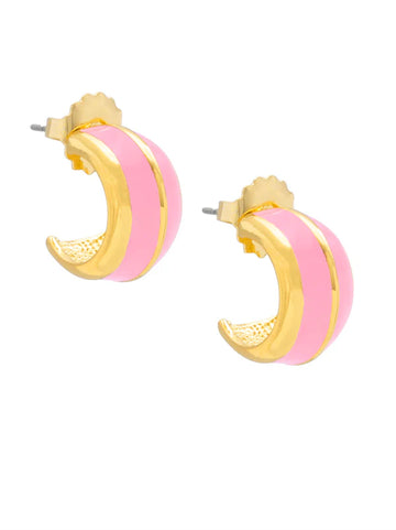 Enamel Huggie Earring with Gold Stripe - Pink