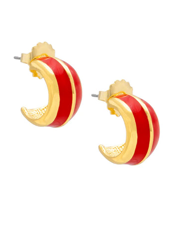 Enamel Huggie Earring with Gold Stripe - Red