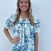 Entro White & Teal Puff Sleeve Blouse