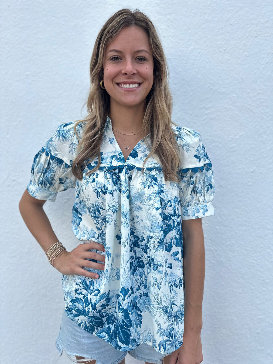 Entro White & Teal Puff Sleeve Blouse