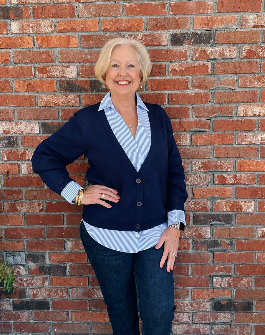 Mixed Media Cardigan Navy/Blue Stripe Wiregrass Designs Mixed Media Cardigan Navy/Blue Stripe Wiregrass Designs