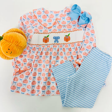 Delaney Girls LS Pumpkin Smocked Set