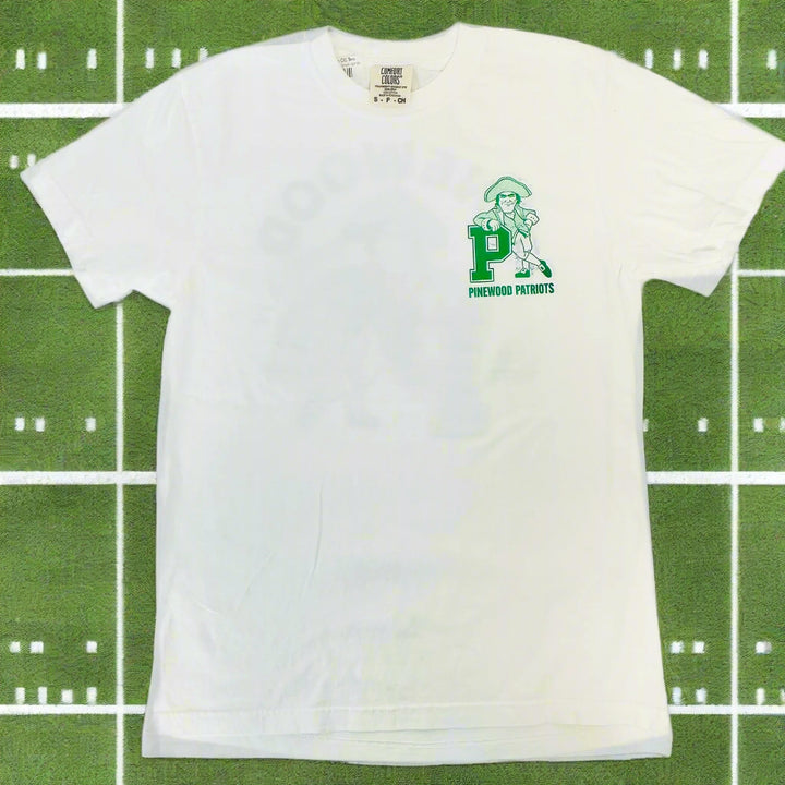 White t-shirt with green logo on a white background