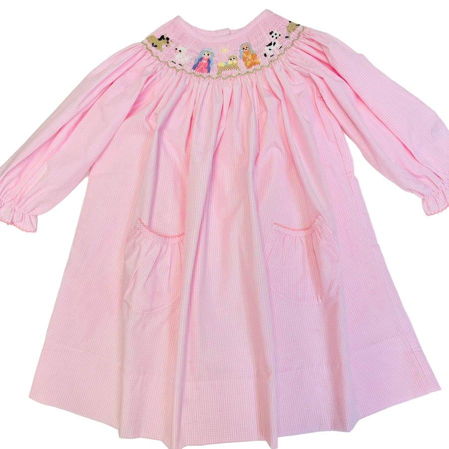 Delaney Long Sleeve Pink Gingham Smocked Nativity Bishop Dress 2T Delaney Long Sleeve Pink Gingham Smocked Nativity Bishop Dress 2T