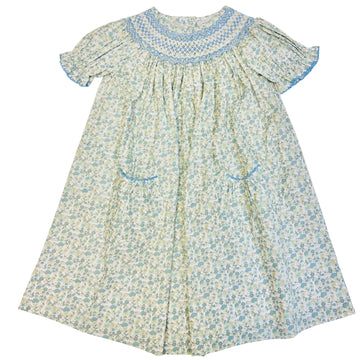 Delaney Girls Blue Tan Mini Floral Smocked Geo Short Sleeve Bishop Dress