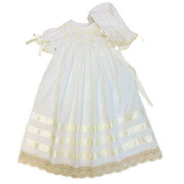 Delaney White Long Sleeve ECRU Lace Smocked Cross Heirloom Daygown & Bonnet