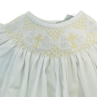 Delaney White Long Sleeve ECRU Lace Smocked Cross Heirloom Daygown & Bonnet