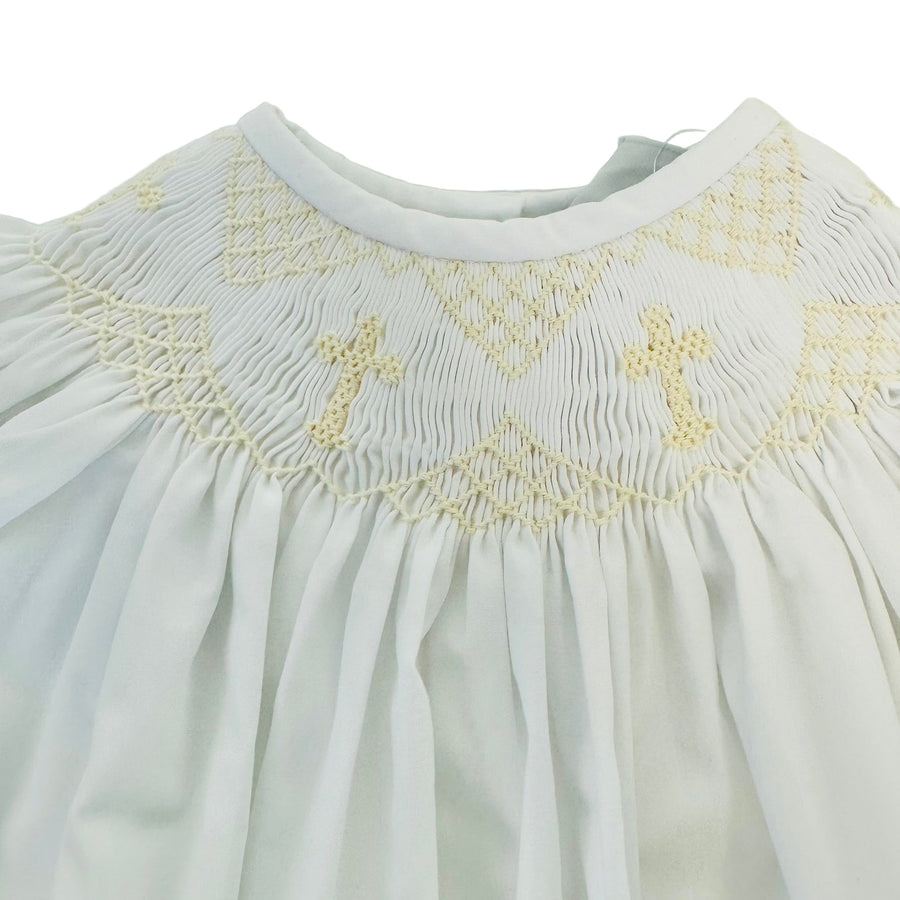 Delaney White Long Sleeve ECRU Lace Smocked Cross Heirloom Daygown & Bonnet