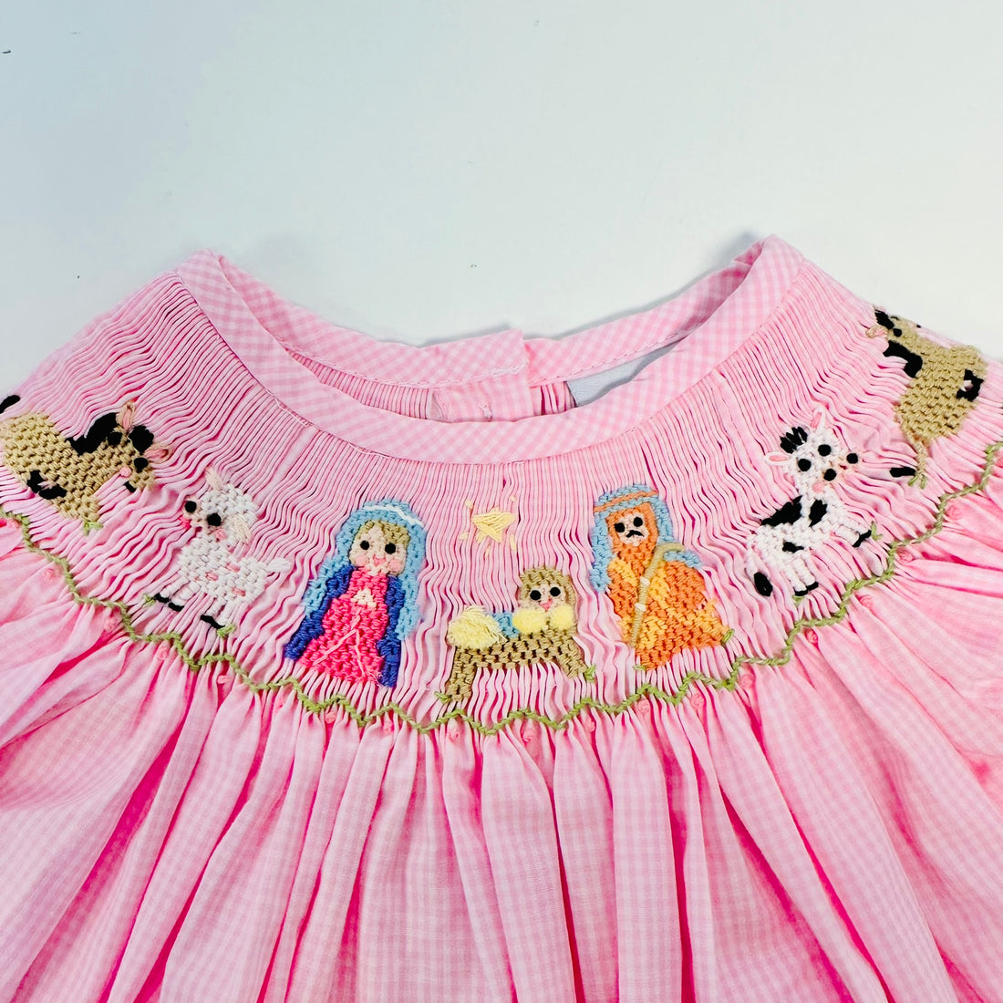 Delaney Long Sleeve Pink Gingham Smocked Nativity Bishop Dress