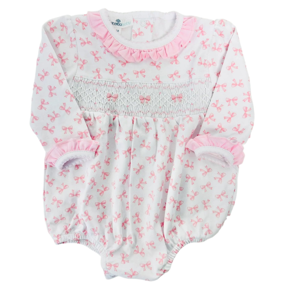 Magnolia Baby Bows Smocked Printed Ruffle Long Sleeve Girl Bubble