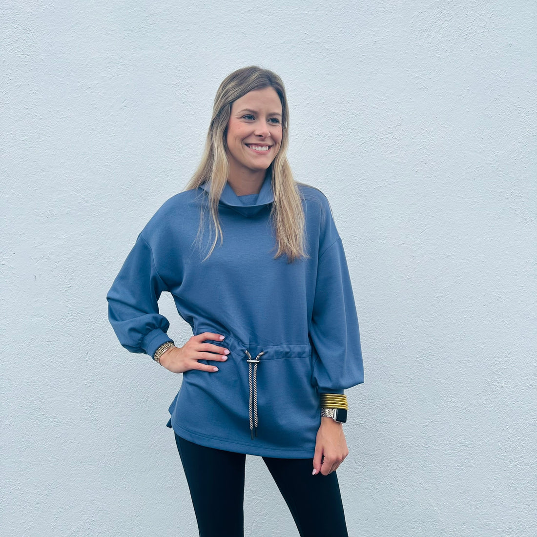 Entro Slate Blue Pullover with a Cowl Neck