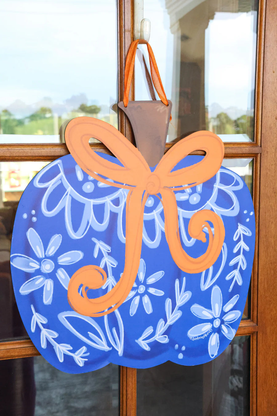 Doodles by Rebekah Blue Chin with Bow Pumpkin Door hanger