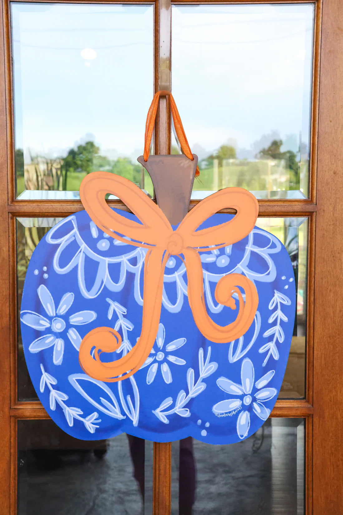 Doodles by Rebekah Blue Chin with Bow Pumpkin Door hanger