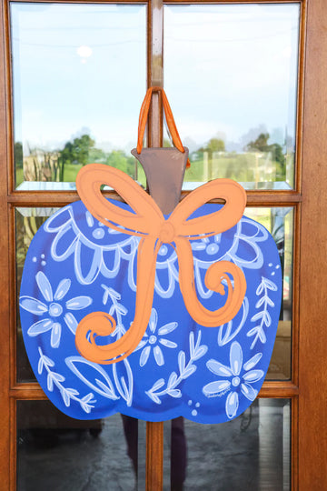 Doodles by Rebekah Blue Chin with Bow Pumpkin Door hanger