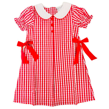 Delaney Girls Red/White Check Front Pleat Aline Dress with Red Side Bows