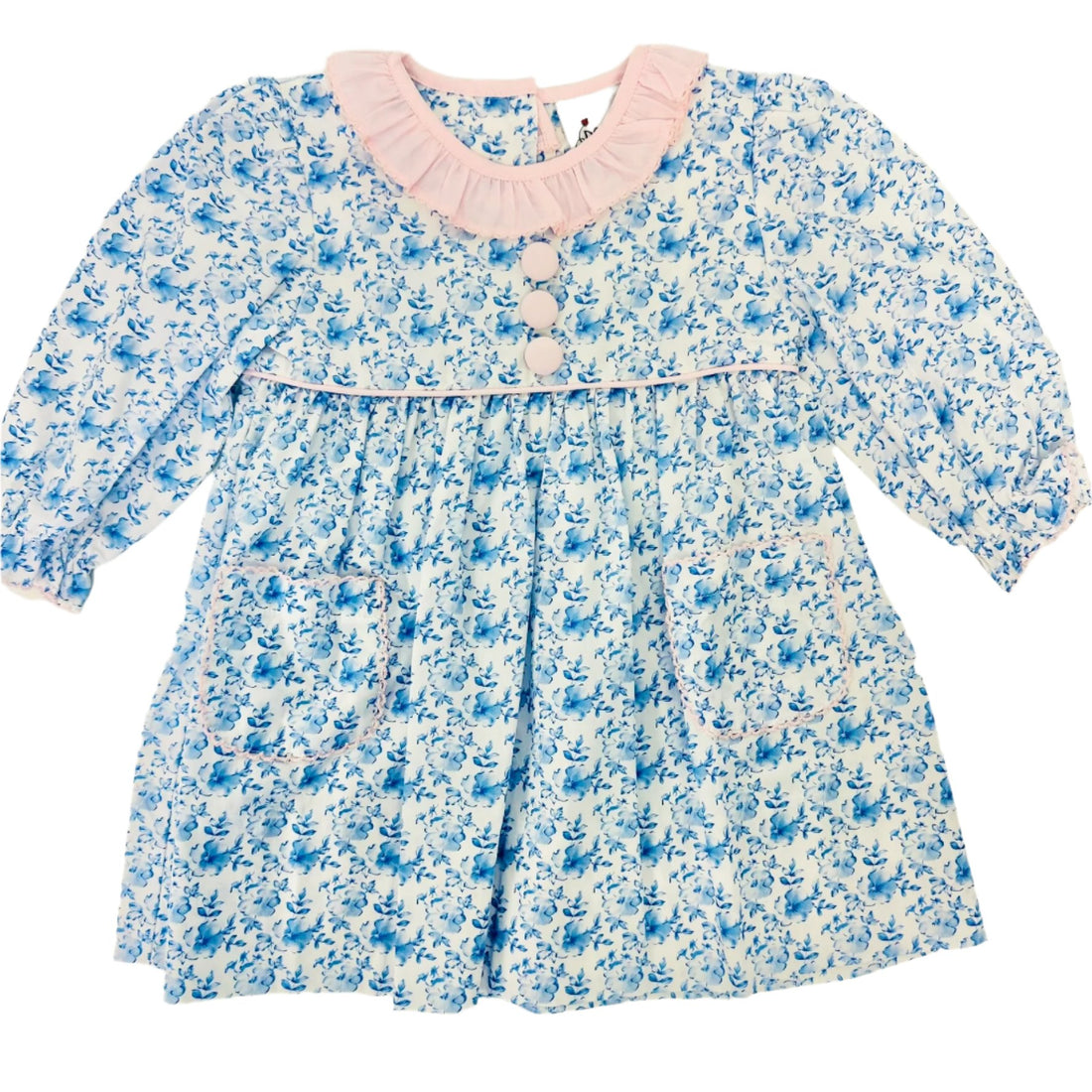 Delaney Girls Blue Floral Bodice Dress Accent With Pink Buttons